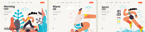 Runners website templates set. Flat vector concept illustrations of athletes running in a park, forest, stadium track or street landscape. Healthy activity and lifestyle. Sprint, jogging, warming up.