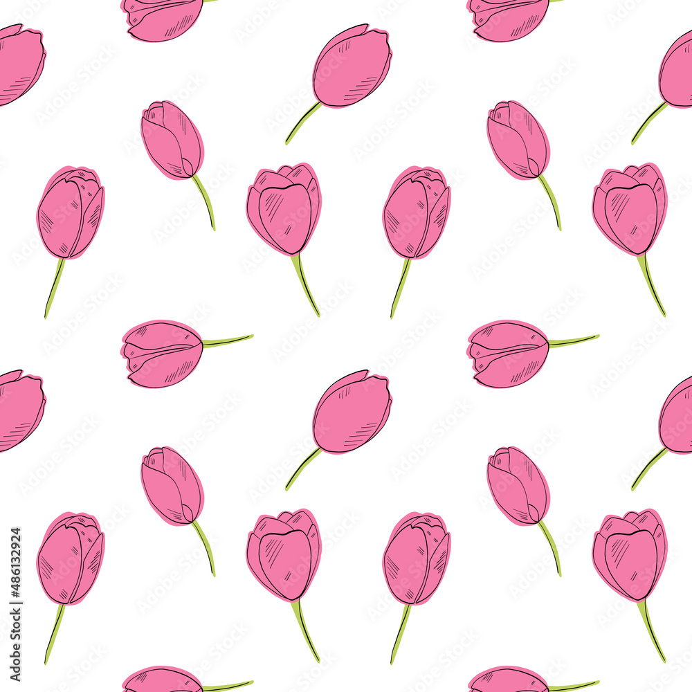 Vector spring pink tulips on white background seamless pattern