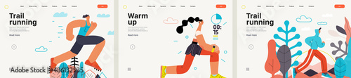 Runners website templates set. Flat vector concept illustrations of athletes running in a park, forest, stadium track or street landscape. Healthy activity and lifestyle. Sprint, jogging, warming up.