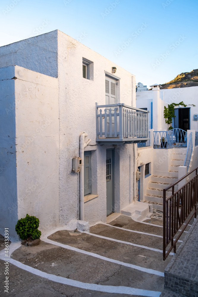 Greece, Milos island, Chora town, Plaka. Building stair in Melos Cyclades architecture.