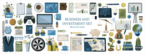Financial investment icons. Vector flat office icons. A big cartoon set of images for business. Modern set for the bank
