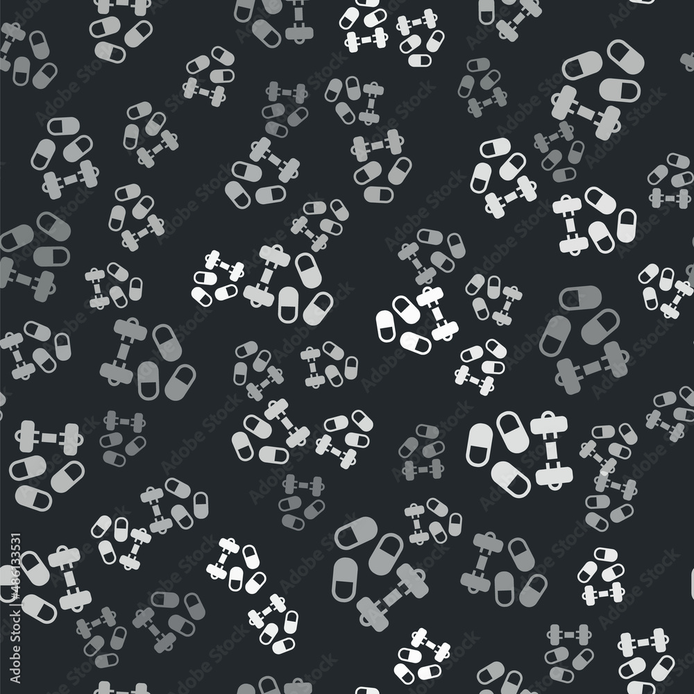 Grey Sports doping, anabolic drugs with dumbbell icon isolated seamless pattern on black background. Anabolic steroids tablet. Pills in jar. Vector Grey Sports doping, anabolic drugs with dumbbell icon isolated seamless pattern on black background. Anabolic steroids tablet. Pills in jar. Vector