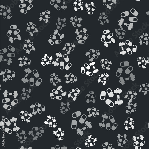 Grey Sports doping, anabolic drugs with dumbbell icon isolated seamless pattern on black background. Anabolic steroids tablet. Pills in jar. Vector