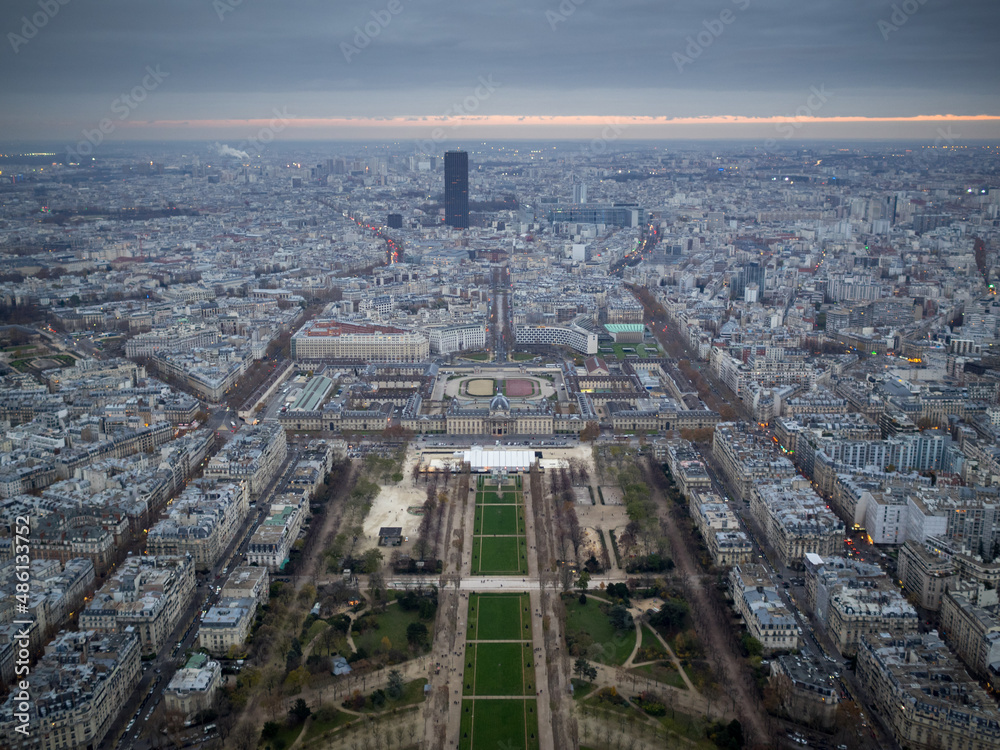 Champ de Mars seen from Eiffel tower top at night fall