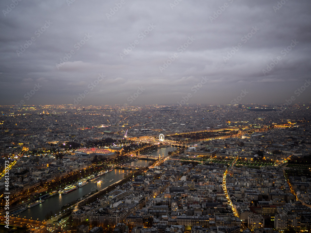 Seine river at night fall seen from Eiffel tower top