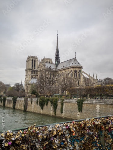 Pont l'Archevêché covered in padlocks and Notre Dame de Paris cathedral in background © Sérgio Nogueira