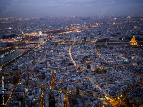 Les Invalides and Seine river view at night fall from Eiffel tower top