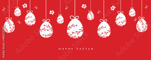 Easter banner with hanging eggs decoration. Happy Easter greetings.