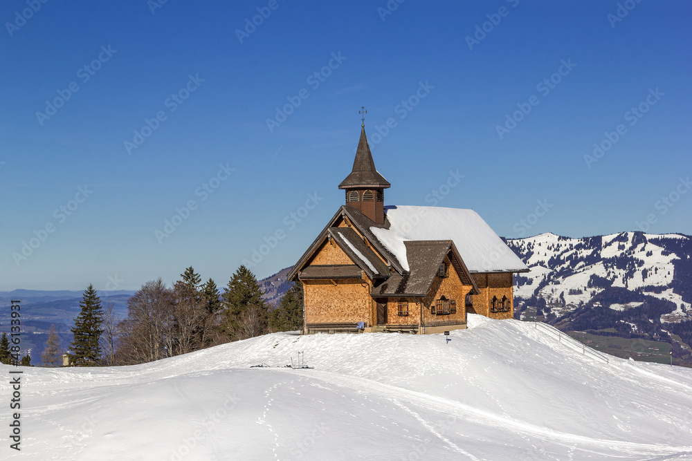 The chapel Maria Hilf on the popular ski sport resort Stoos in Canton Schwyz, Swiss Alps