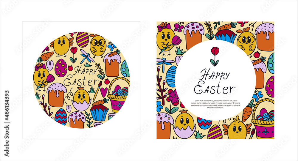 Easter traditional doodle banners - eggs, chickens, basket, Christian vector set decorating. Vector hand drawings ilustration isolated Background cards