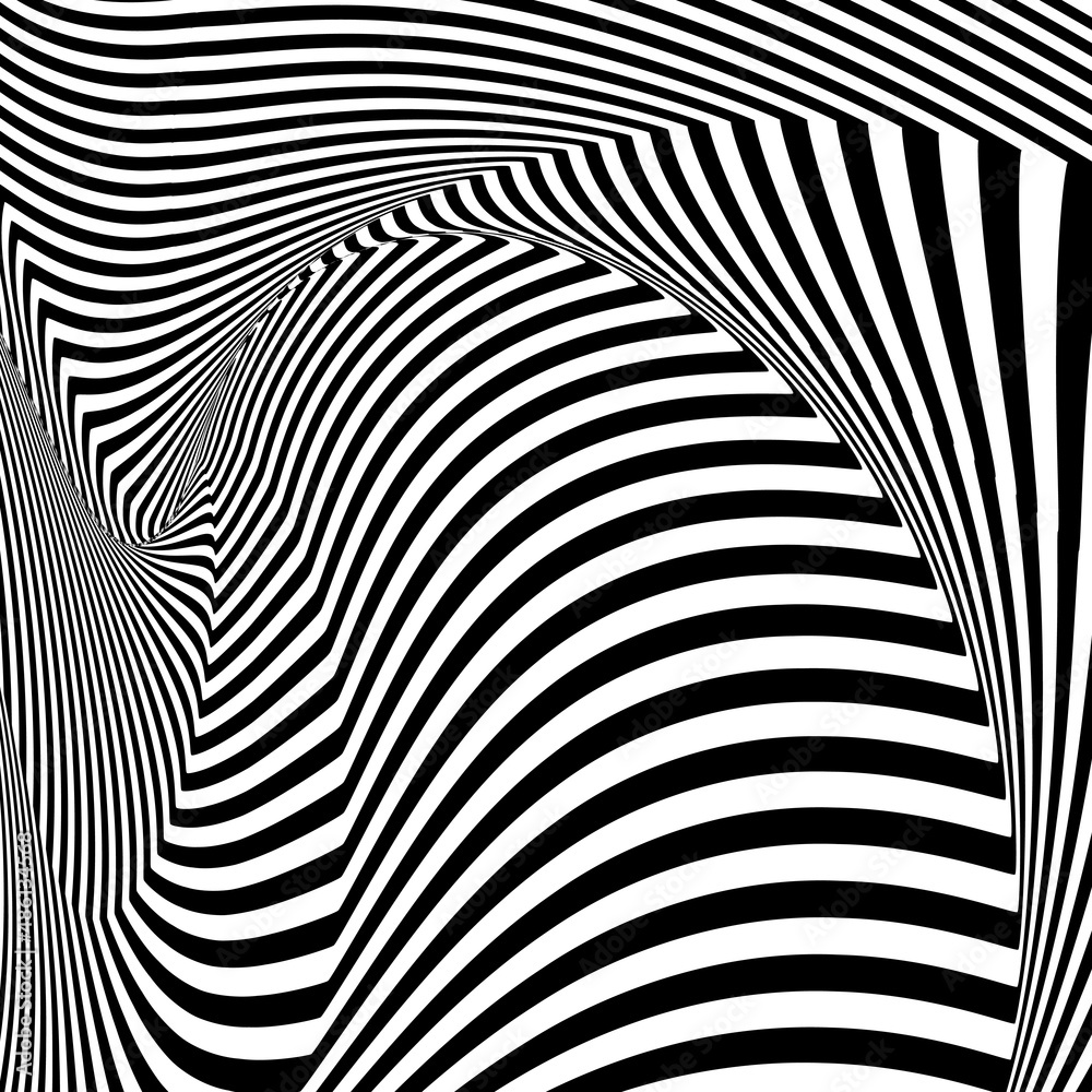 Abstract black and white striped background. Geometric pattern with visual distortion effect. Optical illusion. Op art.