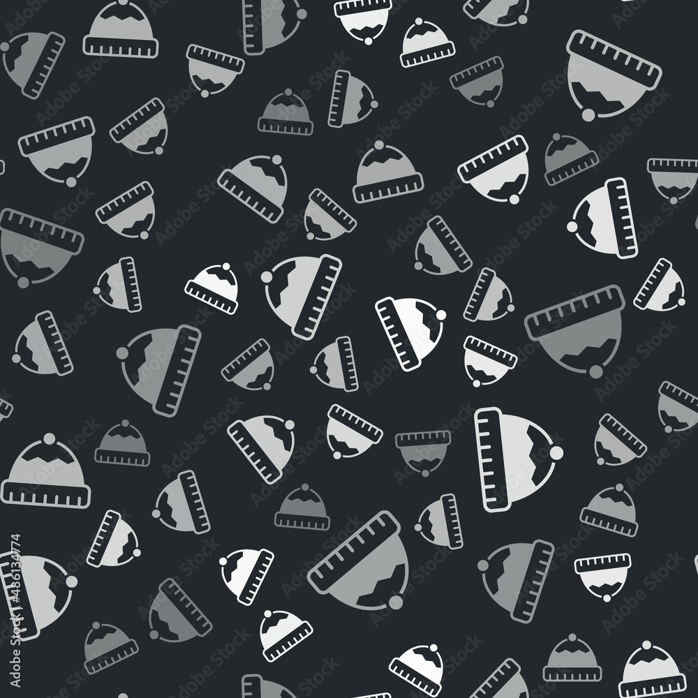 Grey Winter hat icon isolated seamless pattern on black background. Vector