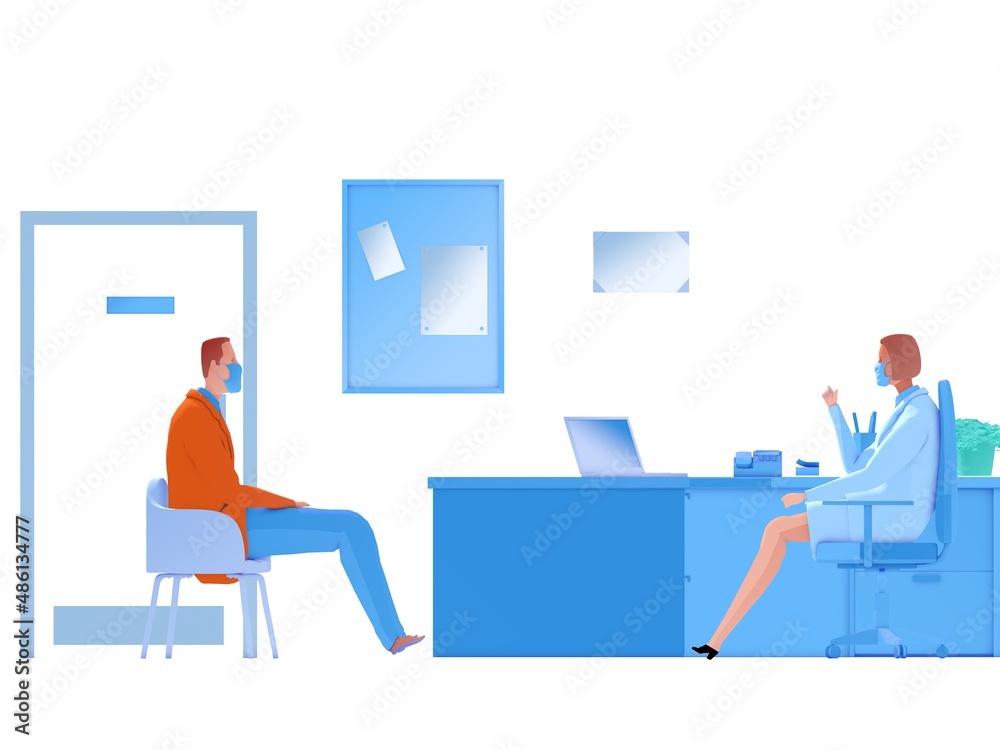 Illustration of a doctor in his office attending to a patient, hospital and medical center. Side view, 3d imitating flat colors style, on white background. Illustration of a doctor in his office attending to a patient, hospital and medical center. Side view, 3d imitating flat colors style, on white background.