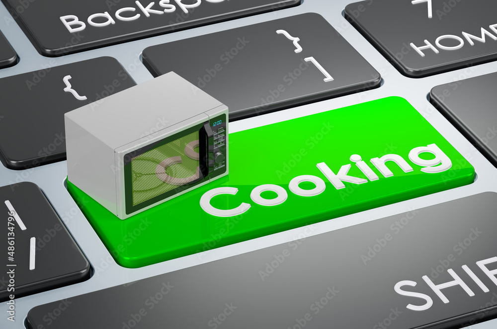 Fototapeta premium Microwave oven on keyboard. Cooking green key. 3D rendering
