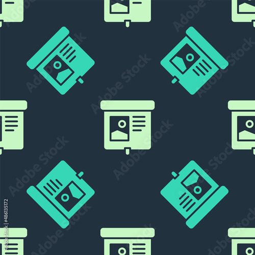 Green and beige Projection screen icon isolated seamless pattern on blue background. Business presentation visual content like slides, infographics and video. Vector