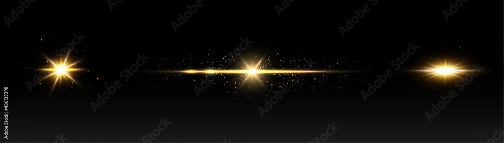 Shining light effects isolated on dark background, glare, lines, golden light particles. Set of vector stars.