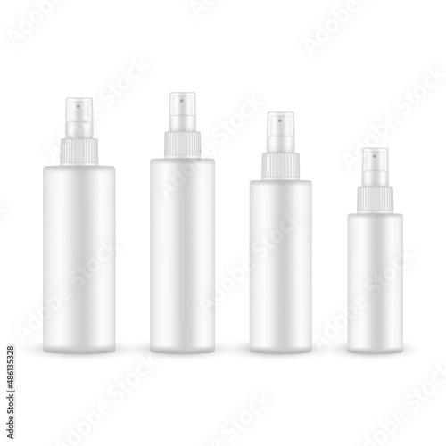 Plastic Spray Bottle Mockup With Transparent Cap, Various Sizes. Vector Illustration