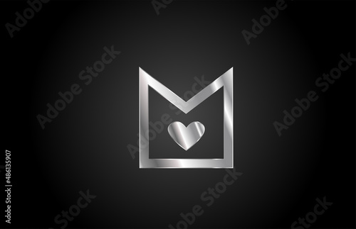 metal M love heart alphabet letter icon logo design. Creative template for business or company