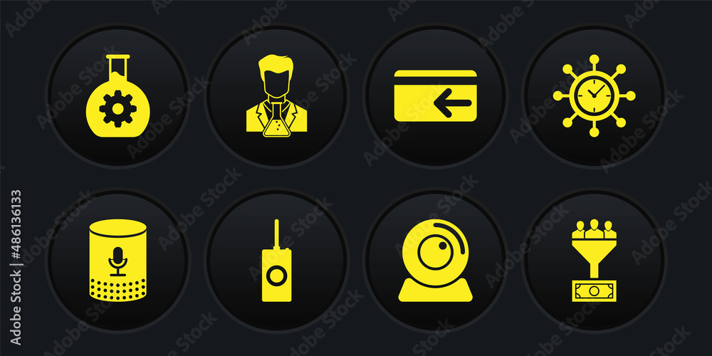 Set Voice assistant, Clock and gear, Remote control, Web camera, Cash back and Scientist test tube icon. Vector Set Voice assistant, Clock and gear, Remote control, Web camera, Cash back and Scientist test tube icon. Vector