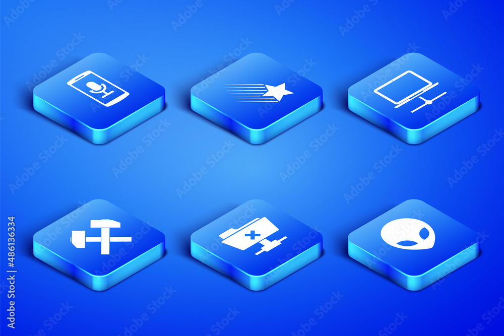 Set Alien, Mobile recording, FTP cancel operation, Two crossed hammers, Falling star and Computer network icon. Vector Set Alien, Mobile recording, FTP cancel operation, Two crossed hammers, Falling star and Computer network icon. Vector