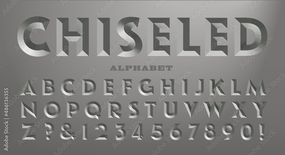A bold sans serif alphabet with the 3d visual effect of being chiseled in stone. Good for gravestone or mausoleum lettering. - obrazy, fototapety, plakaty 