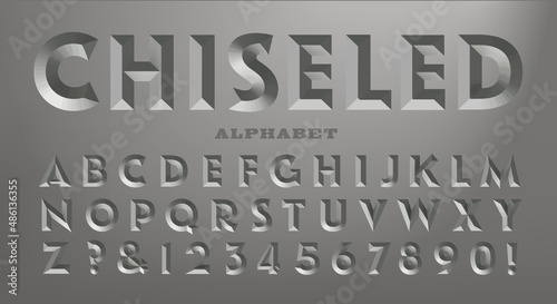 Tela A bold sans serif alphabet with the 3d visual effect of being chiseled in stone
