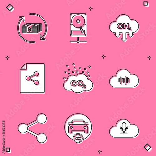 Set Refund money, Hard disk drive sharing network, Methane emissions reduction, Share file, CO2 cloud and Music streaming service icon. Vector