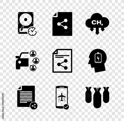 Set Hard disk drive with clockwise, Share file, Methane emissions reduction, , Flight mode in the mobile and Aviation bombs icon. Vector photo