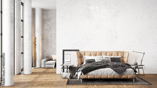 Modern beautiful interior with columns, white wall, large windows, high ceiling and stylish furniture. Bright loft design. 3D rendering