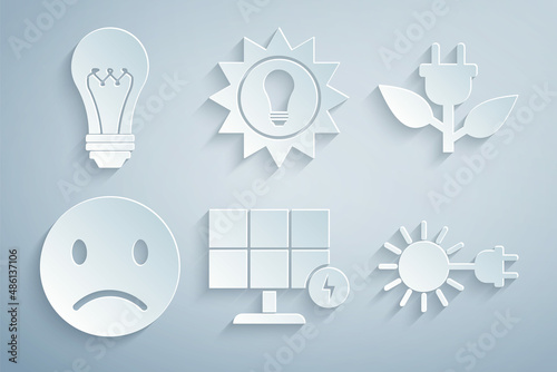 Set Solar energy panel, Electric saving plug in leaf, Sad smile, Sun with electric, and Light bulb icon. Vector