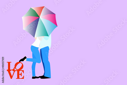 Vector illustration of a loving couple under an umbrella. Romantic couple with umbrella. love banner