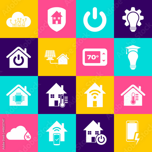 Set Mobile charging battery, House temperature, Light bulb and graduation cap, Power button, with solar panel, Smart home, Internet of things and Thermostat icon. Vector