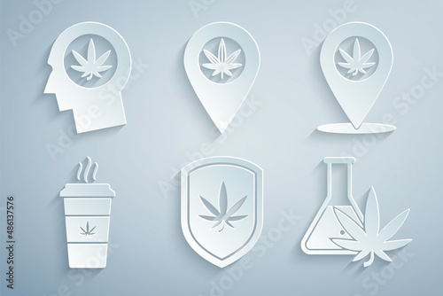 Set Shield and marijuana, Location, Cup coffee with, Test tube, and Head in profile icon. Vector