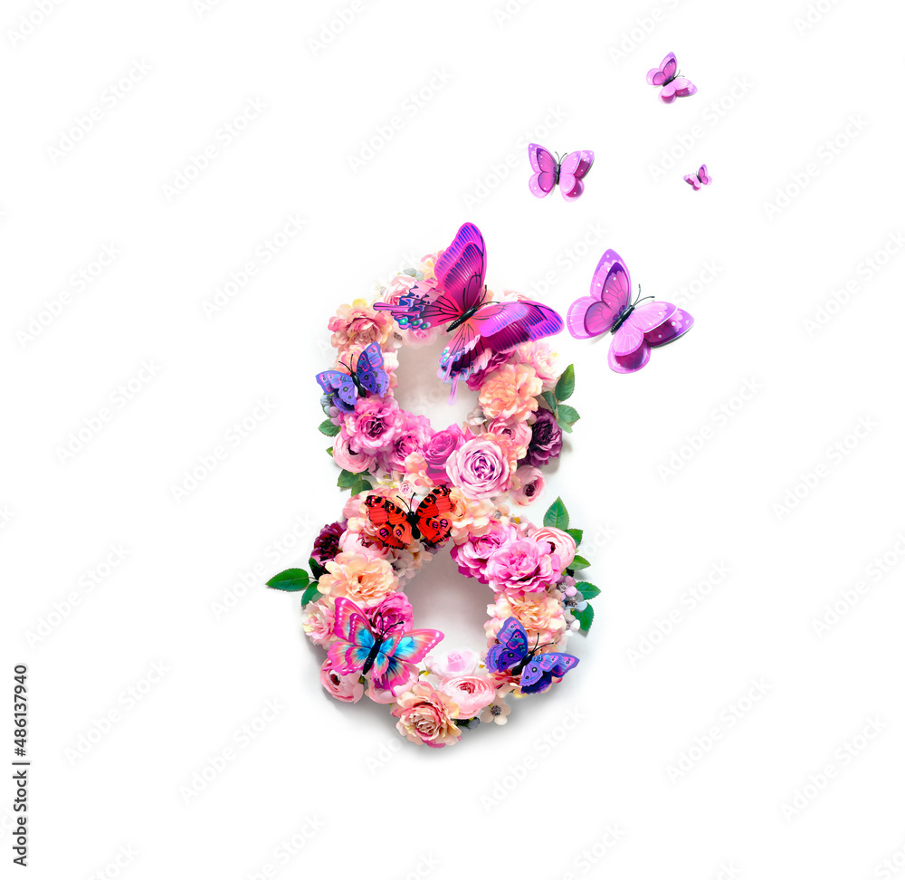 Beautiful postcard for March 8. Flowers and butterflies in the shape of the number eight on a white background.