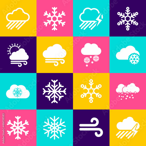 Set Cloud with rain and lightning, snow, Windy weather and icon. Vector