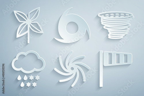 Set Tornado, Cloud with snow and rain, Cone windsock wind vane, and Pinwheel icon. Vector