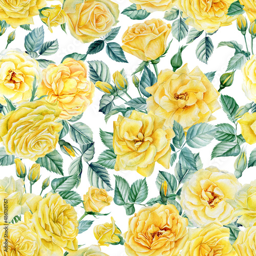Delicate flowers. Yellow Roses, buds and leaves, floral background, watercolor seamless pattern