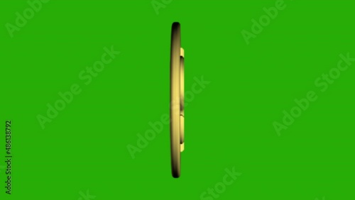 Gold shiny coin with a dollar sign rotates on its axis on a green background. 3D animation of a 360 degrees spinning dollar gold coin. Cash savings symbol. Business concept. 4K. Alpha channel.