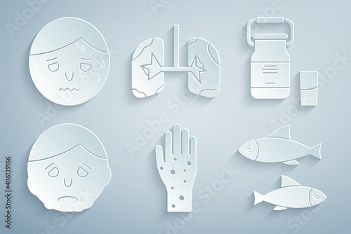 Set Hand with psoriasis or eczema, Can container for milk, Inflammation face, Fish, Lungs and Man excessive sweating icon. Vector