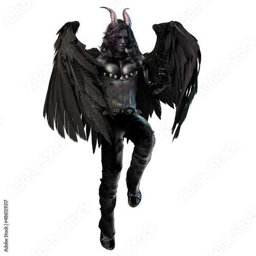 Photo 3D Illustration, 3D Rendering, horned fallen angel demon with wings