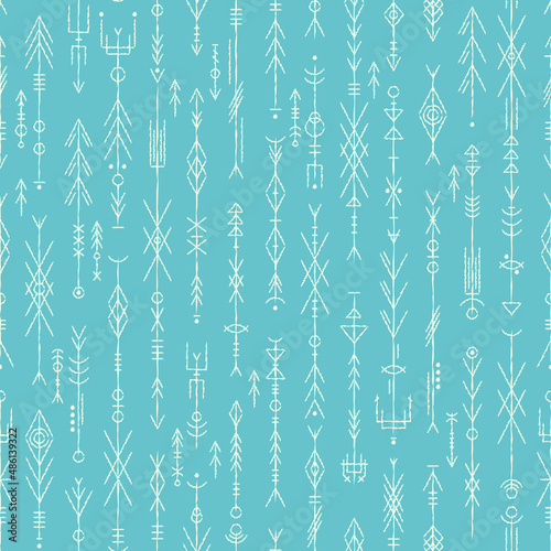 Blue tribal symbol seamless pattern.