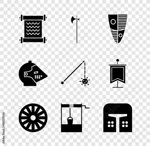 Set Decree, parchment, scroll, Medieval halberd, Shield, Old wooden wheel, Well with bucket, iron helmet, and chained mace ball icon. Vector