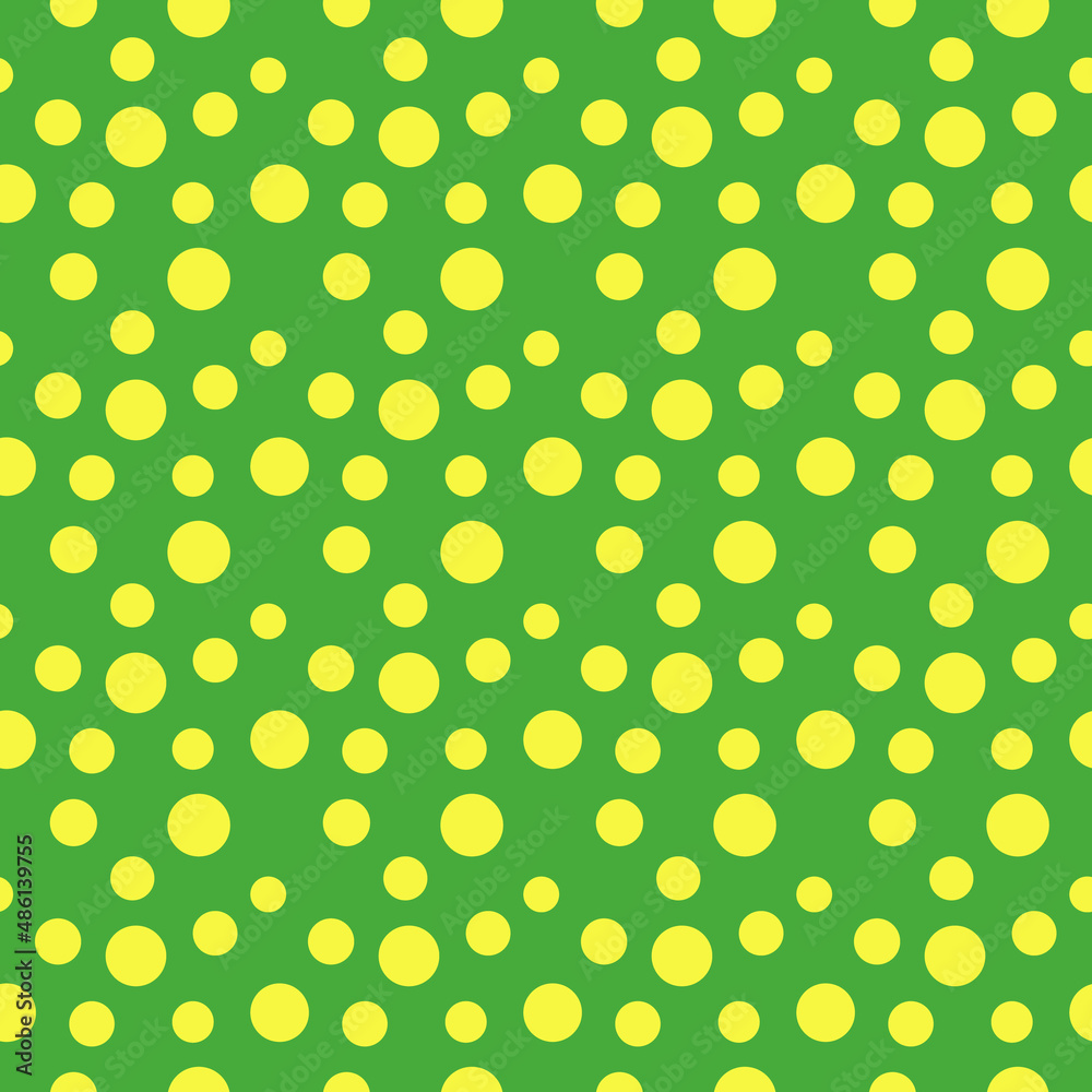 Seamless polka dot pattern. Yellow dots on a green background. It is well suited for wrapping paper, holiday invitations, greeting cards and backgrounds