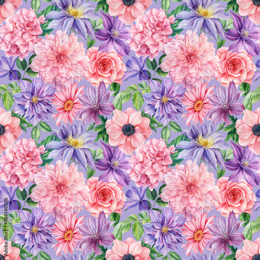 Delicate flowers. Roses, anemones, dahlias and clematis, watercolor floral seamless pattern