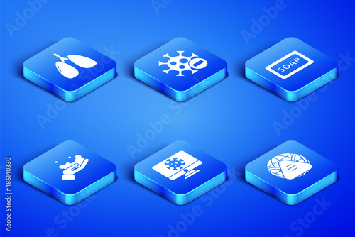 Set Earth with medical mask, Lungs, Virus statistics on monitor, Washing hands soap, Negative virus and Bar of icon. Vector