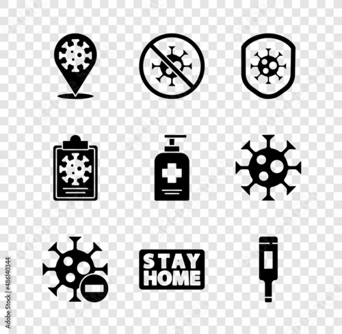 Set Corona virus 2019-nCoV on location, Stop, Shield protecting from, Negative, Stay home, Medical thermometer, Clipboard with blood test results and Liquid antibacterial soap icon. Vector