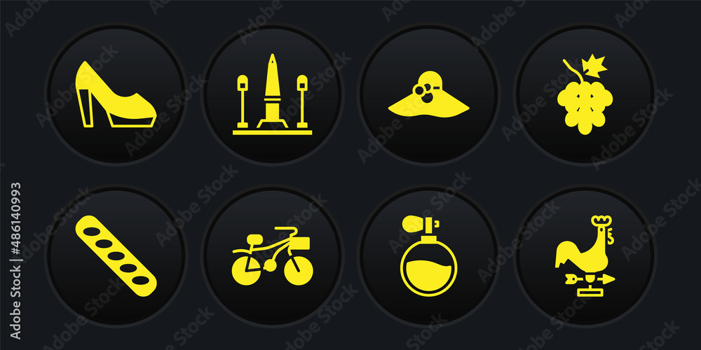 Set French baguette bread, Grape fruit, Bicycle, Perfume, Elegant women hat, Place De La Concorde, Rooster weather vane and Woman shoe icon. Vector