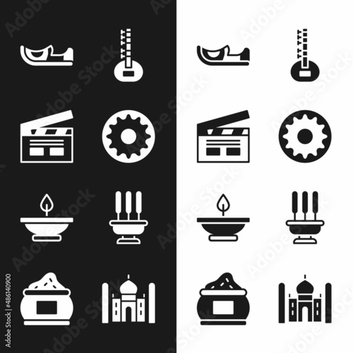 Set Chakra, Bollywood indian cinema, Indian shoes, Sitar, Aroma lamp, Incense sticks, Taj Mahal and spice icon. Vector
