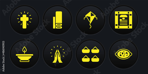 Set Aroma lamp, India constitution day, Hands in praying position, Indian spice, Kite, textile fabric, Kheer bowl and Christian cross icon. Vector