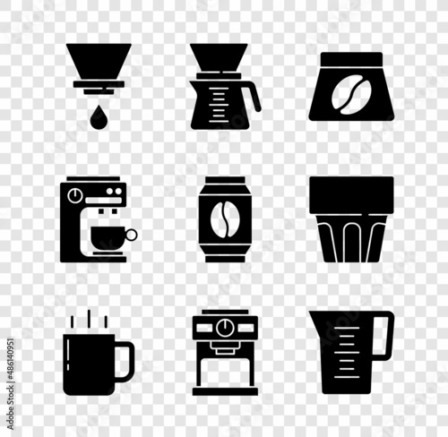 Set V60 coffee maker, Pour over, Bag beans, Coffee cup, machine, Jug glass with water, and icon. Vector